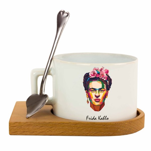 Ahşap Tepsili Kahve Çay Fincanı Seti - Frida Kahlo