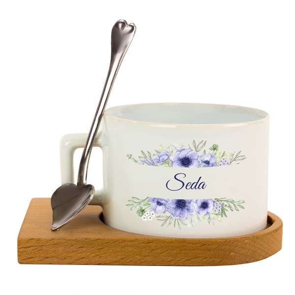 İsme Özel Ahşap Tepsili Kahve Çay Fincanı Seti - Çiçekli Çerçeve M2