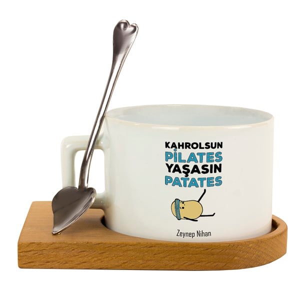 İsme Özel Ahşap Tepsili Kahve Çay Fincanı Seti - Kahrolsun Pilates Yaşasın Patates Temalı