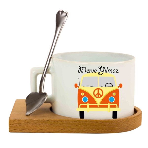 İsme Özel Ahşap Tepsili Kahve Çay Fincanı Seti - Vosvos Minibüs