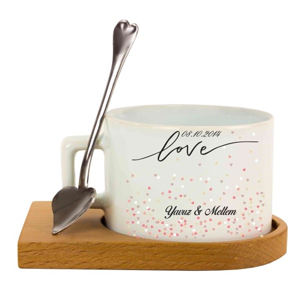 İsme Özel Ahşap Tepsili Kahve Çay Fincanı Seti - Love Minik Kalpler 
