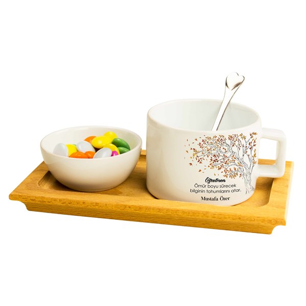 İsme Özel Ahşap Tepsili Kahve Çay Fincanı ve Şekerlik İkram Seti - Sonbahar