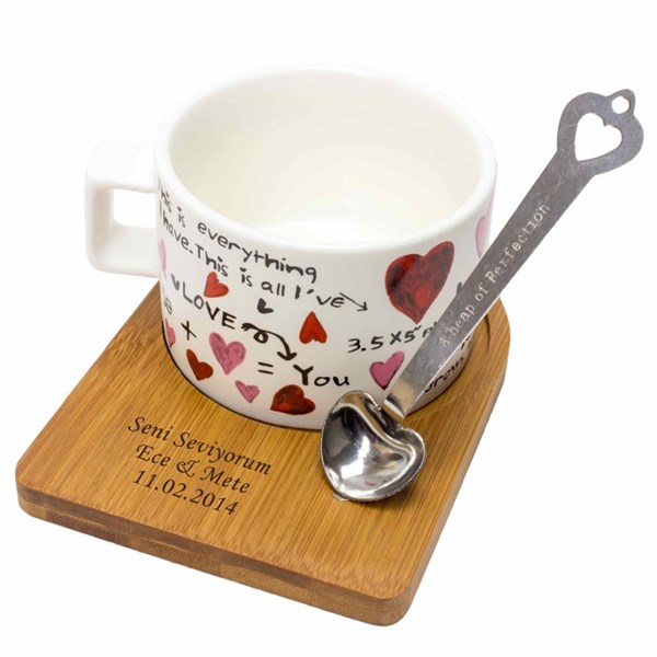 İsme Özel Ahşap Tepsili Kahve Çay Fincanı Seti - Aşk Matematiği Beyaz