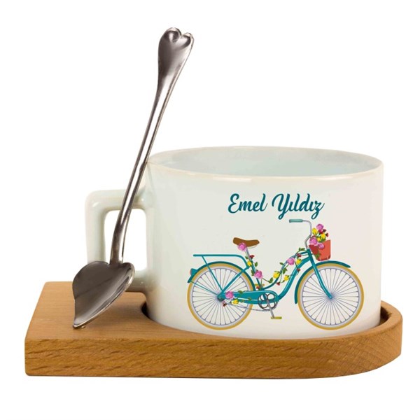 İsme Özel Ahşap Tepsili Kahve Çay Fincanı Seti - Bisiklet