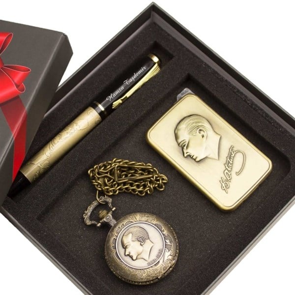 İsme Özel Atatürk Temalı Köstekli Saat Çakmak ve Kalem Seti Tasarım Kutulu