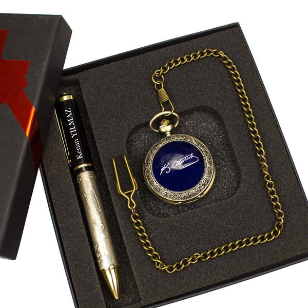 İsme Özel Atatürk Temalı Köstekli Saat ve Kalem Seti Tasarım Kutulu M4