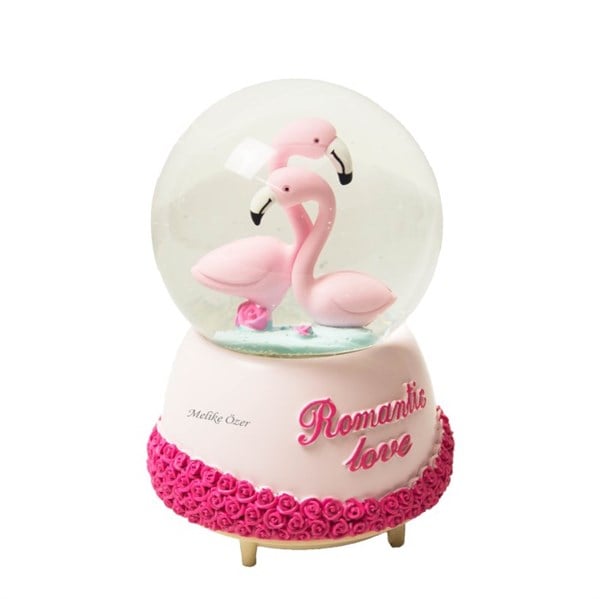 İsme Özel Flamingo Temalı Işıklı Kar Küresi ve Müzik Kutusu Büyük Boy