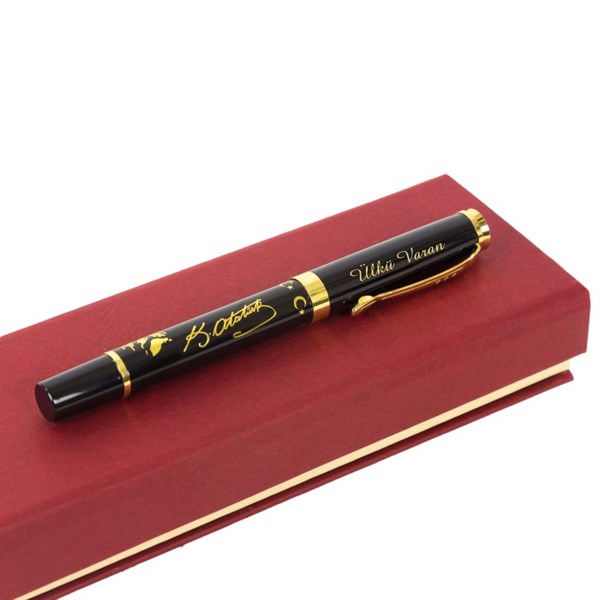 İsme Özel K. Atatürk Temalı Altın Rengi İşlemeli Roller Kalem​ Tasarım Kutulu