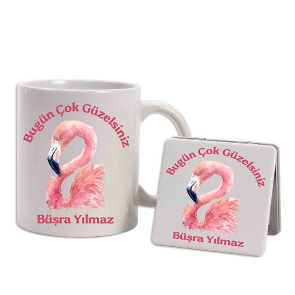 İsme Özel Kupa Bardak ve Ayna Seti - Flamingo