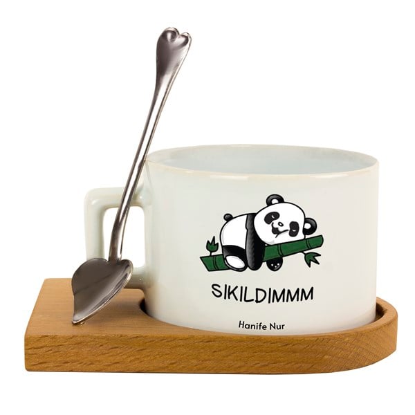 İsme Özel Panda Temalı Ahşap Tepsili Kahve Çay Fincanı Seti