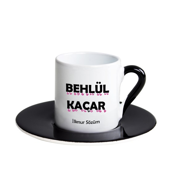 İsme Özel Siyah Renk Detaylı Türk Kahvesi Fincanı Seti - Behlül Kaçar Temalı