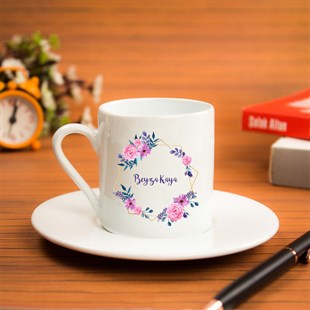  İsme Özel Kahve Fincanı Seti - Pembe Çiçekli Çerçeve