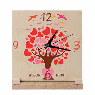  Kişiye Özel Baskılı Masaüstü Dekoratif Taş Masa Saati - Aşk Ağacı