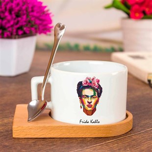 Ahşap Tepsili Kahve Çay Fincanı Seti - Frida Kahlo
