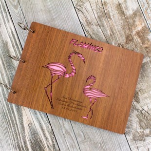 Flamingo Temalı Ahşap Kapaklı Kendin Tasarla Albüm Defter