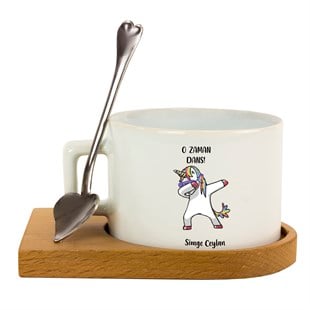 İsme Özel Ahşap Tepsili Kahve Çay Fincanı Seti- Unicorn M2 Temalı