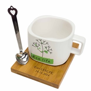 İsme Özel Ahşap Tepsili Kahve Çay Fincanı Seti - Eco Life M2
