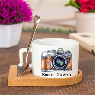İsme Özel Ahşap Tepsili Kahve Çay Fincanı Seti -  Fotoğraf Makinesi
