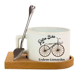 İsme Özel Ahşap Tepsili Kahve Çay Fincanı Seti - Retro Bisiklet