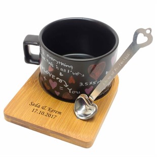 İsme Özel Ahşap Tepsili Kahve Çay Fincanı Seti - Aşk Matematiği Siyah