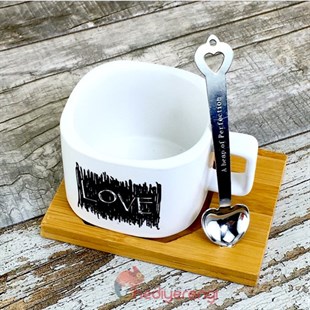 İsme Özel Ahşap Tepsili Kahve Çay Fincanı Seti - Love Siyah