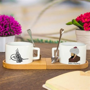 İsme Özel Ahşap Tepsili Kahve Çay Fincanı Seti - Fatih Sultan Mehmet