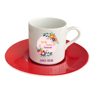 İsme Özel Çiçek Desenli Kahve Fincanı Işıklı Fanus Gül Suyu Çikolata ve Kahve Hediye Kutusu