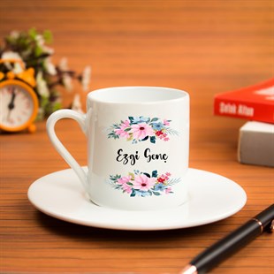 İsme Özel Çiçek Desenli Türk Kahvesi Fincanı Seti