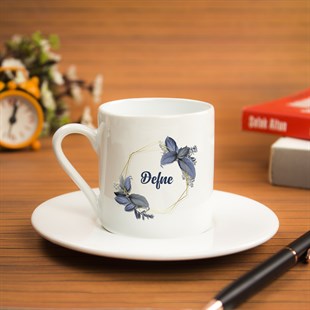 İsme Özel Çiçek Detaylı Defter ve Kahve Fincan Seti - Mavi