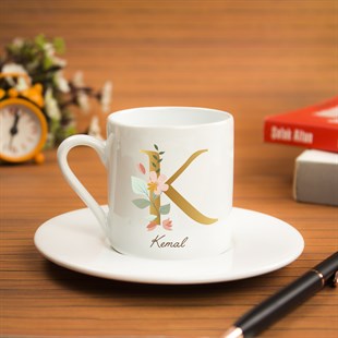İsme Özel Harf Tasarımlı Türk Kahvesi Fincanı Seti - Gold Detaylı