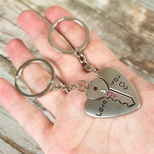İsme Özel Kalbimin Anahtarı Tasarımlı 2'li Metal Anahtarlık Seti
