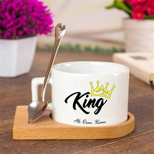 İsme Özel King Temalı Ahşap Tepsili Kahve Çay Fincanı Seti