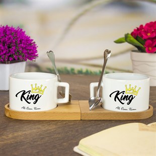 İsme Özel King Temalı Ahşap Tepsili Kahve Çay Fincanı Seti