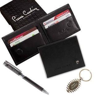 İsme Özel Pierre Cardin Deri Cüzdan Anahtarlık ve Kalem Seti M5