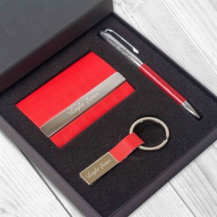 İsme Özel Premium Kartvizitlik Anahtarlık ve Tükenmez Kalem Seti Kırmızı