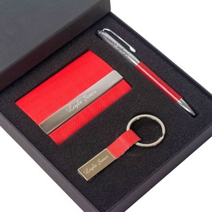 İsme Özel Premium Kartvizitlik Anahtarlık ve Tükenmez Kalem Seti Kırmızı