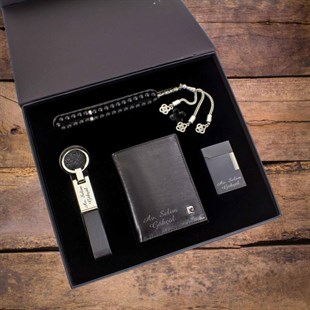 İsme Özel Premium Pierre Cardin Cüzdan Çakmak Anahtarlık ve Tesbih Seti Siyah​