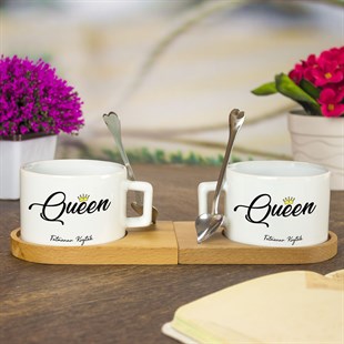 İsme Özel Queen Temalı Ahşap Tepsili Kahve Çay Fincanı Seti
