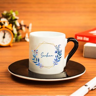 İsme Özel Siyah Kulplu 2'li Kahve Fincanı Seti-Çiçek Tasarımlı