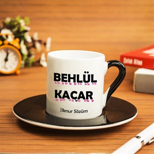 İsme Özel Siyah Renk Detaylı Türk Kahvesi Fincanı Seti - Behlül Kaçar Temalı