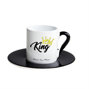 İsme Özel Siyah Renk Detaylı Türk Kahvesi Fincanı Seti - King Temalı