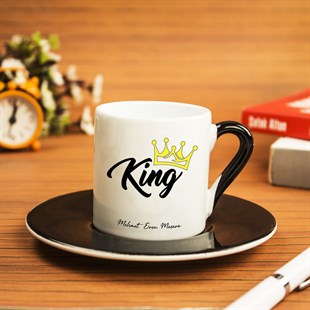 İsme Özel Siyah Renk Detaylı Türk Kahvesi Fincanı Seti - King Temalı