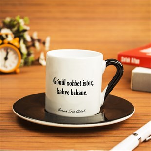 İsme Özel Siyah Renk Detaylı Türk Kahvesi Fincanı Seti - Kahve Bahane Temalı