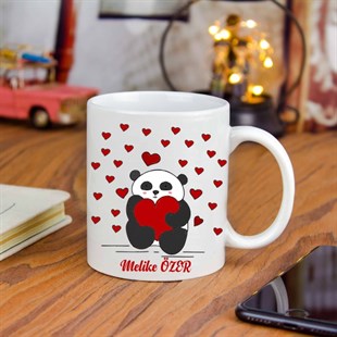 İsme Özel Tasarımlı Kupa Bardak - Kalpli Panda
