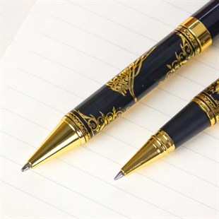 İsme Özel Tuğra Temalı Altın Rengi İşlemeli 2'li Roller ve Tükenmez Kalem​ Seti