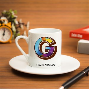 İsme Özel Türk Kahvesi Fincanı Seti - Renkli Harf Tasarımlı