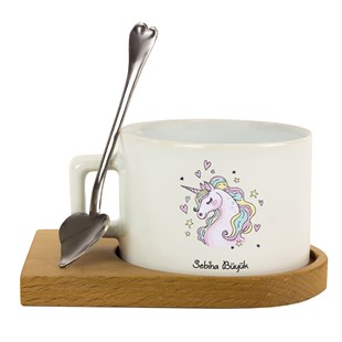 İsme Özel Unicorn Temalı Ahşap Tepsili Kahve Çay Fincanı Seti