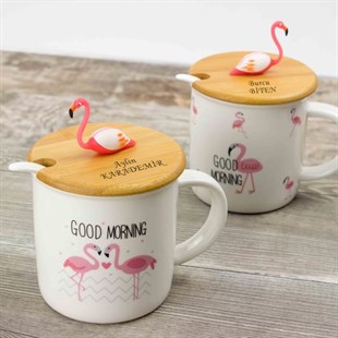 Kişiye Özel Flamingo Temalı Ahşap Kapaklı Kupa Bardak