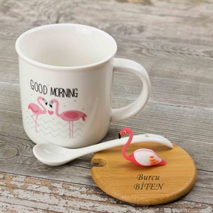 Kişiye Özel Flamingo Temalı Ahşap Kapaklı Kupa Bardak