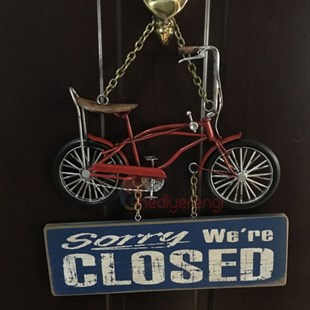 Nostaljik Metal Kırmızı Bisiklet Temalı Open - Closed Kapı Askısı Büyük Boy
